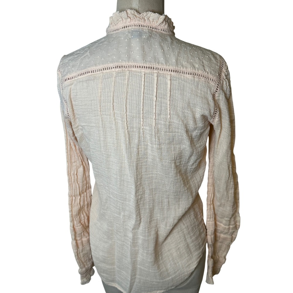Faherty Organic Cotton Ruffle Blouse Sz S Peach Victorian Pintuck Lace Coquette - Picture 2 of 10